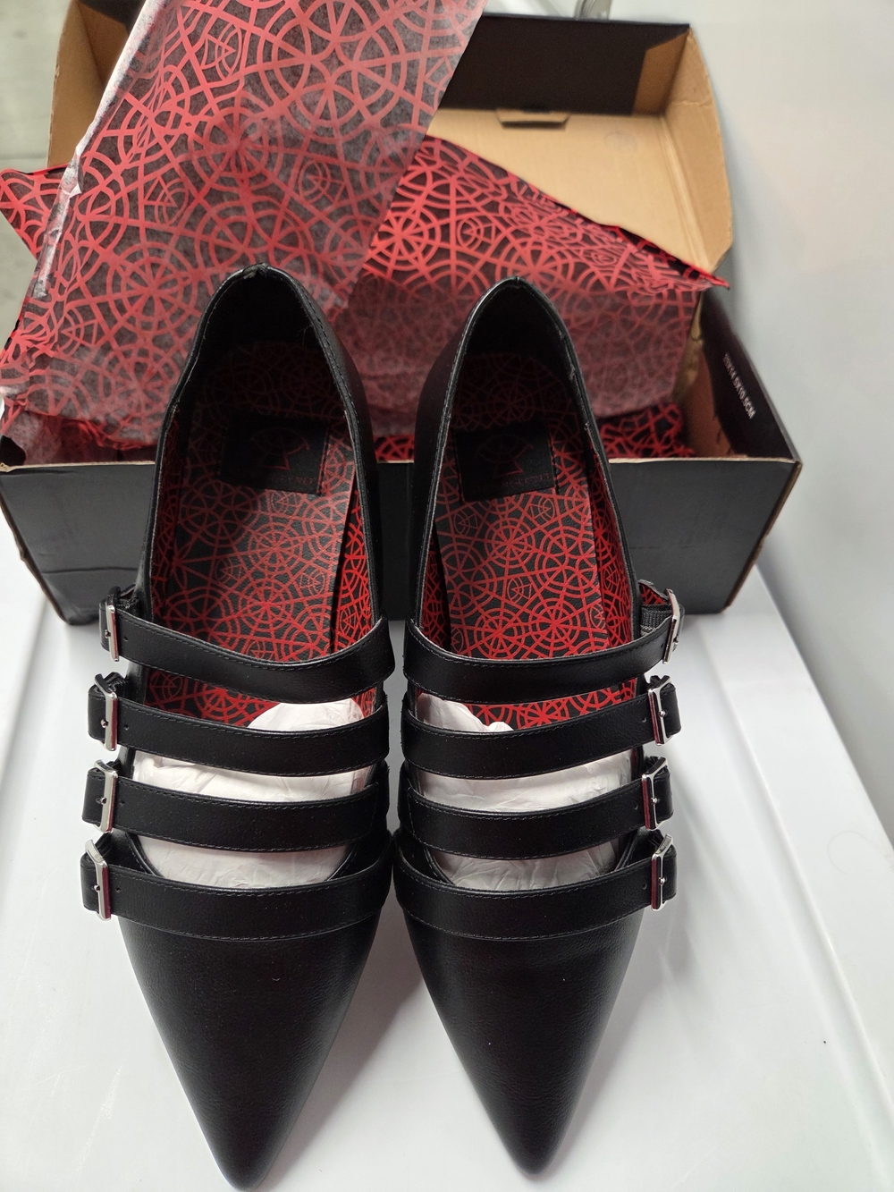 Strange Cvlt- Coven Flat- Women’s Black Pointed Toe Multi-Strap Flats Size 11